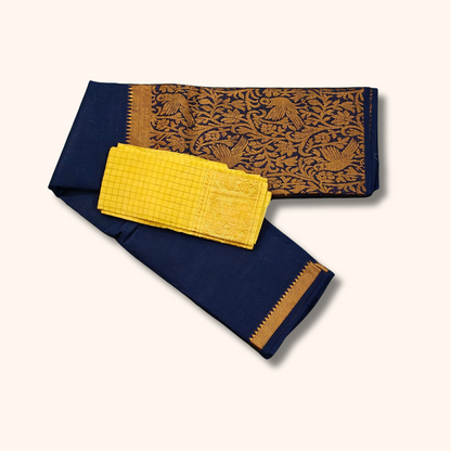 Navy Blue Vasigara Pattern Sungudi Cotton Saree with Yellow Separate Blouse Piece