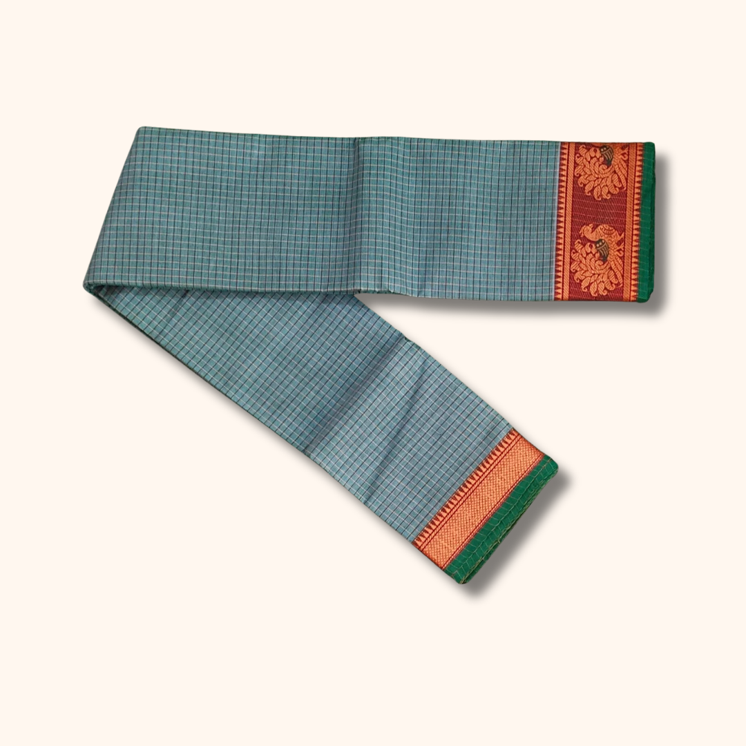 Sea Green Checked Thread Work Zari Chettinad Cotton Saree