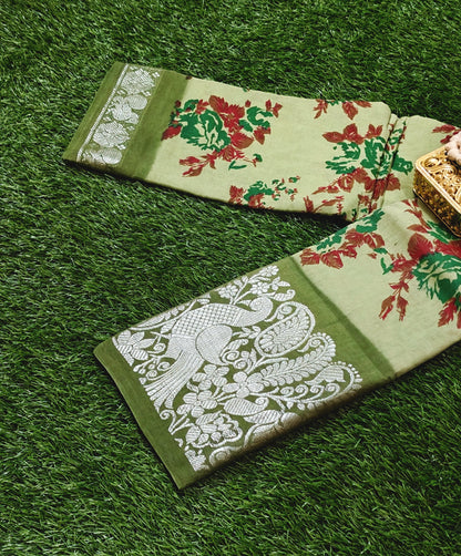 Olive Green Floral Cotton Saree with Peacock Zari Border
