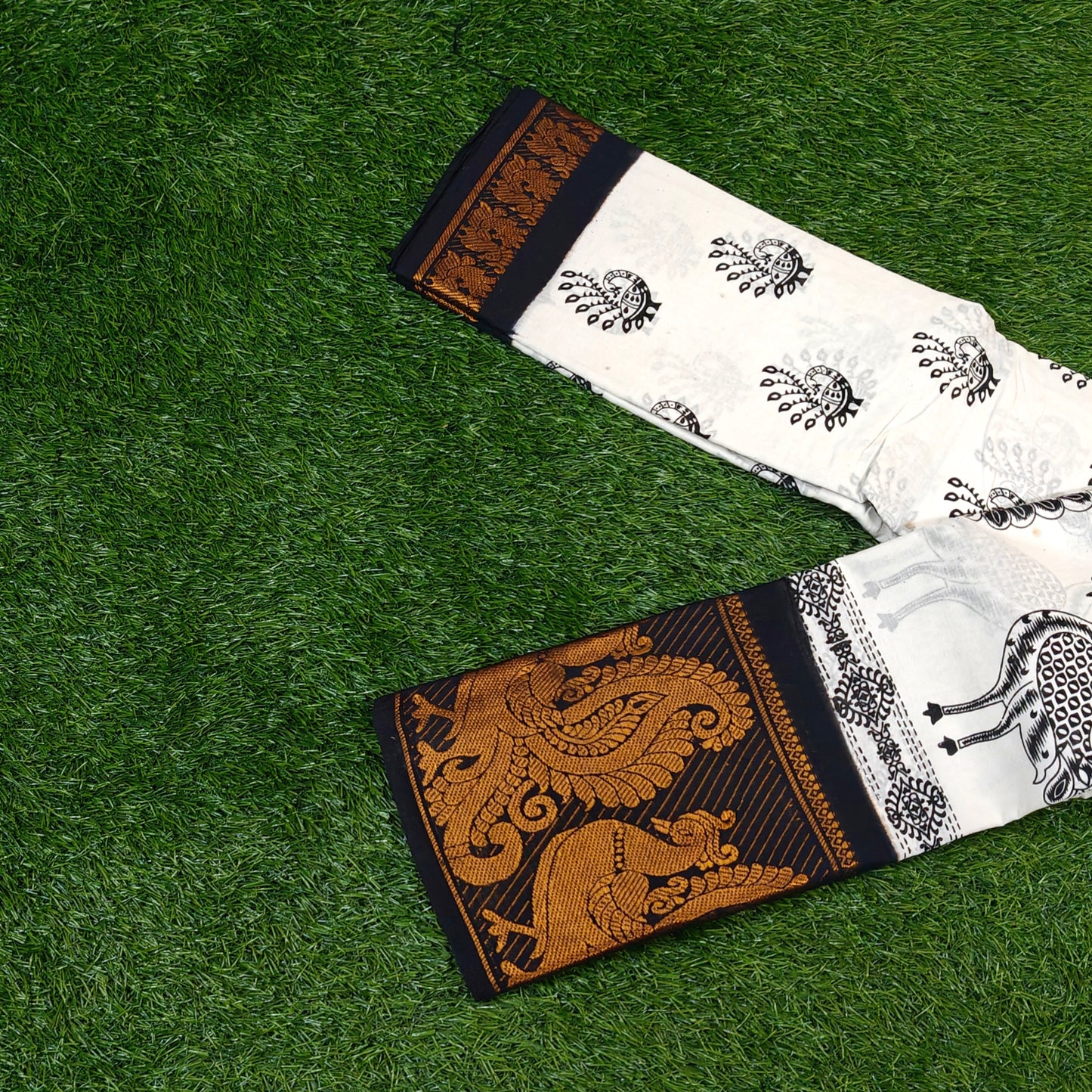 White & Black Peacock Print Cotton Saree with Traditional Black Border