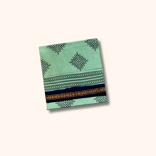 Mint Green Sungudi Cotton Saree with Navy Blue Border & Gold Zari