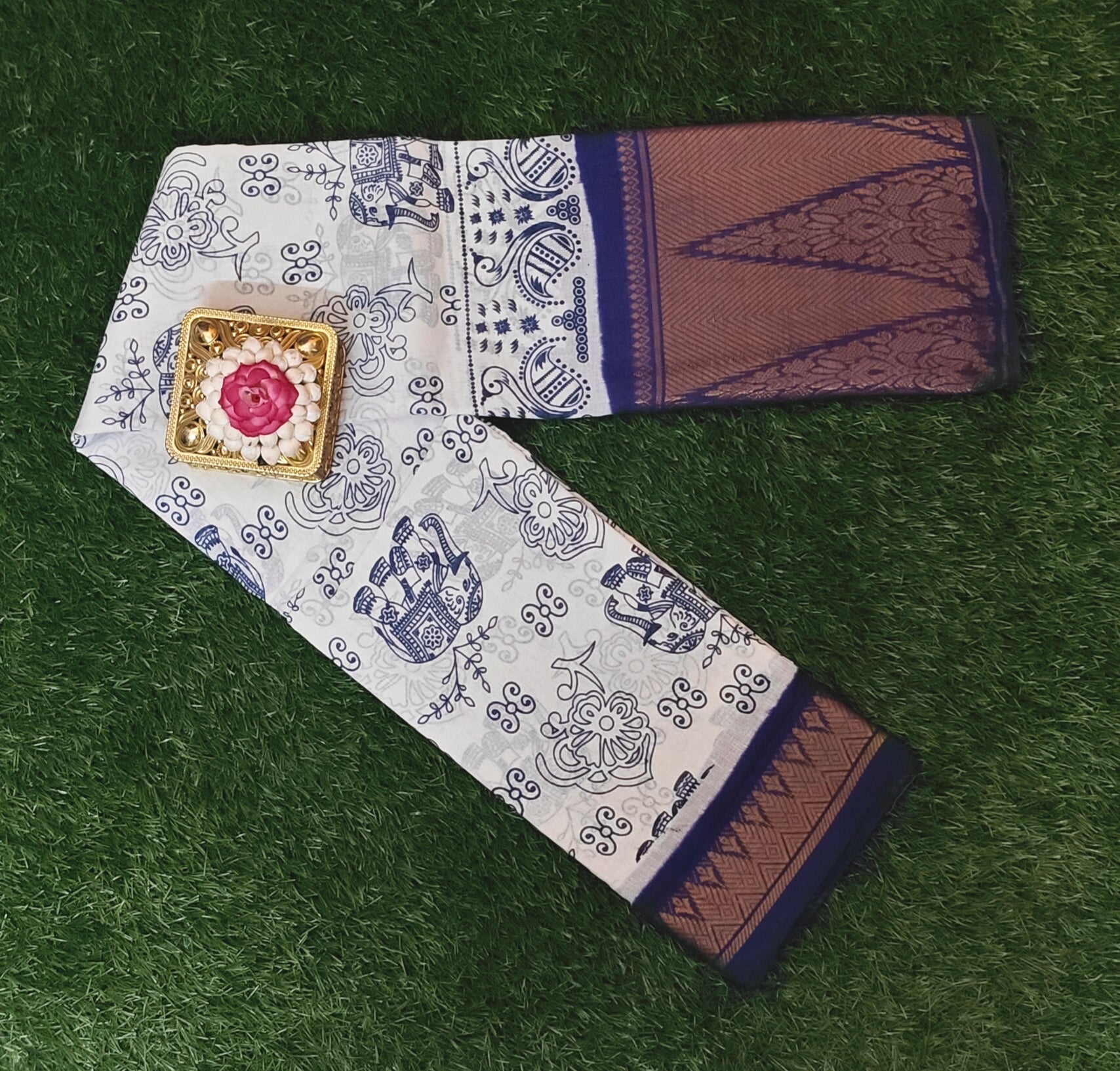 Beautiful Blue Motif Printed Cotton Saree with Contrast Border