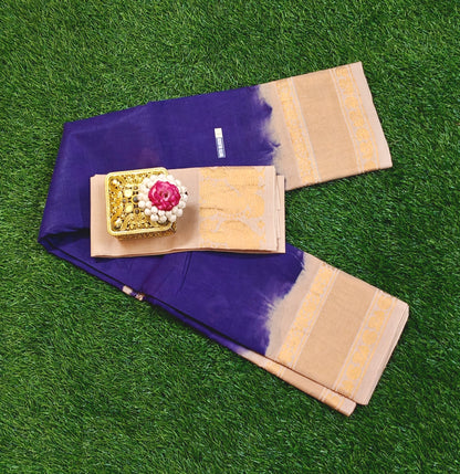 Authentic Deep Violet Sungudi Cotton Saree with Beige Zari Border & Contrast Blouse