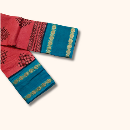 Rose Pink Sungudi Cotton Saree with Teal Blue Border & Gold Zari