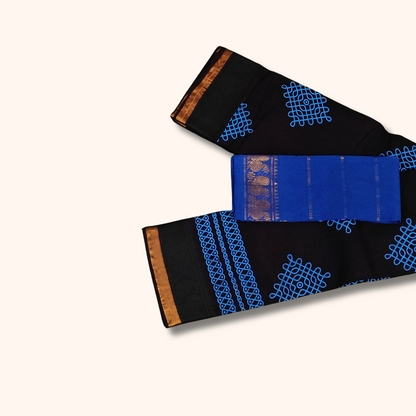Dark Coffee Brown Pure Sungudi Cotton Saree with Blue Kolam Motifs & Gold Zari Border – Separate Blouse Piece