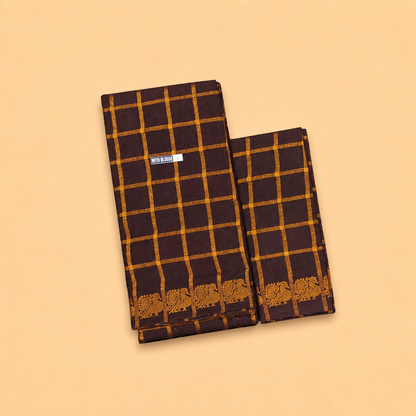 Dark Chocolate Brown Pavithra Kattam Cotton Saree with Gold Elephant Border