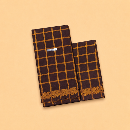 Dark Chocolate Brown Pavithra Kattam Cotton Saree with Gold Elephant Border