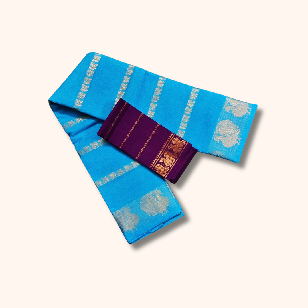 Turquoise Blue Cotton Saree with Silver Peacock Border & Purple Separate Blouse Piece