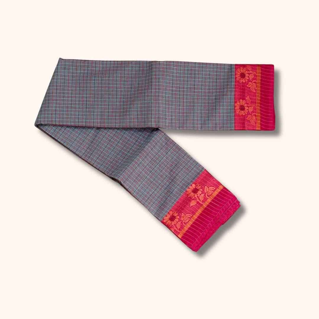 Teal green Checked Chettinad Cotton Saree with Floral Border