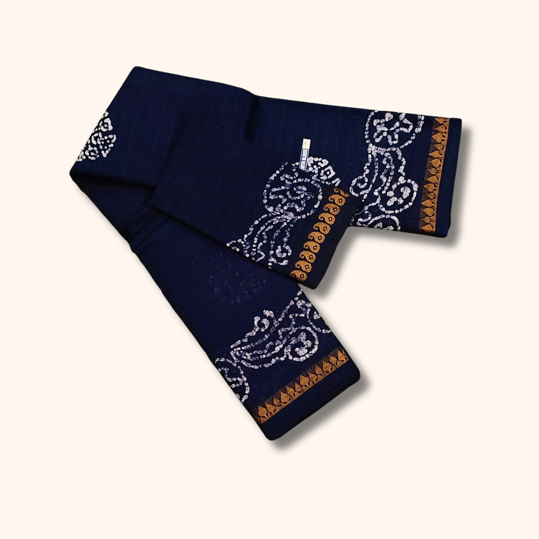 Dark Ink Blue Sungudi Cotton Saree with White Batik Floral Border & Matching Blouse Piece