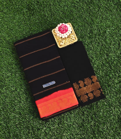Black Cotton Saree with Red Border & Woven Motif Pallu