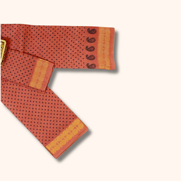 Rust Orange Sungudi Cotton Saree with Dotted Pattern & Paisley Zari Border