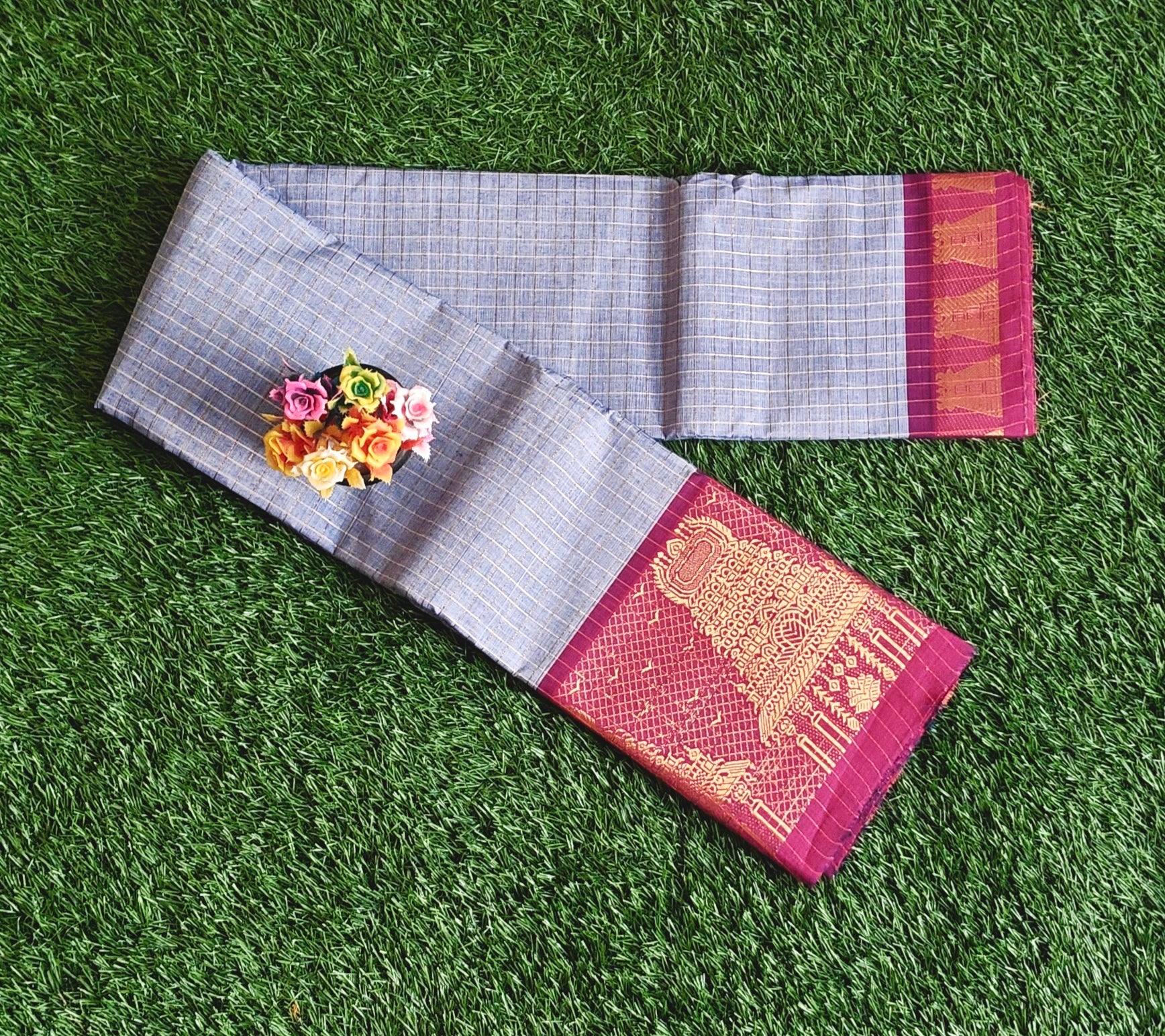 Chettinad Cotton Saree with Meenakshi Gopuram Border – Light Blue Checks with Pink Temple Border