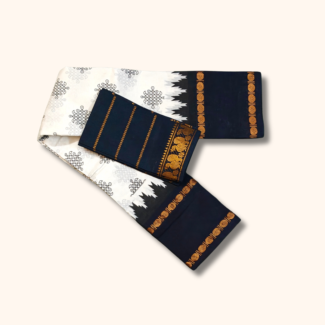 Black & White Kolam Temple Border Sungudi Cotton Saree with Separate Blouse