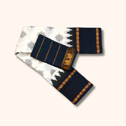 Black & White Kolam Temple Border Sungudi Cotton Saree with Separate Blouse