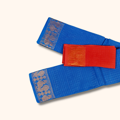 Royal Blue Pure Sungudi Cotton Saree with Golden Zari Checks & Peacock Border