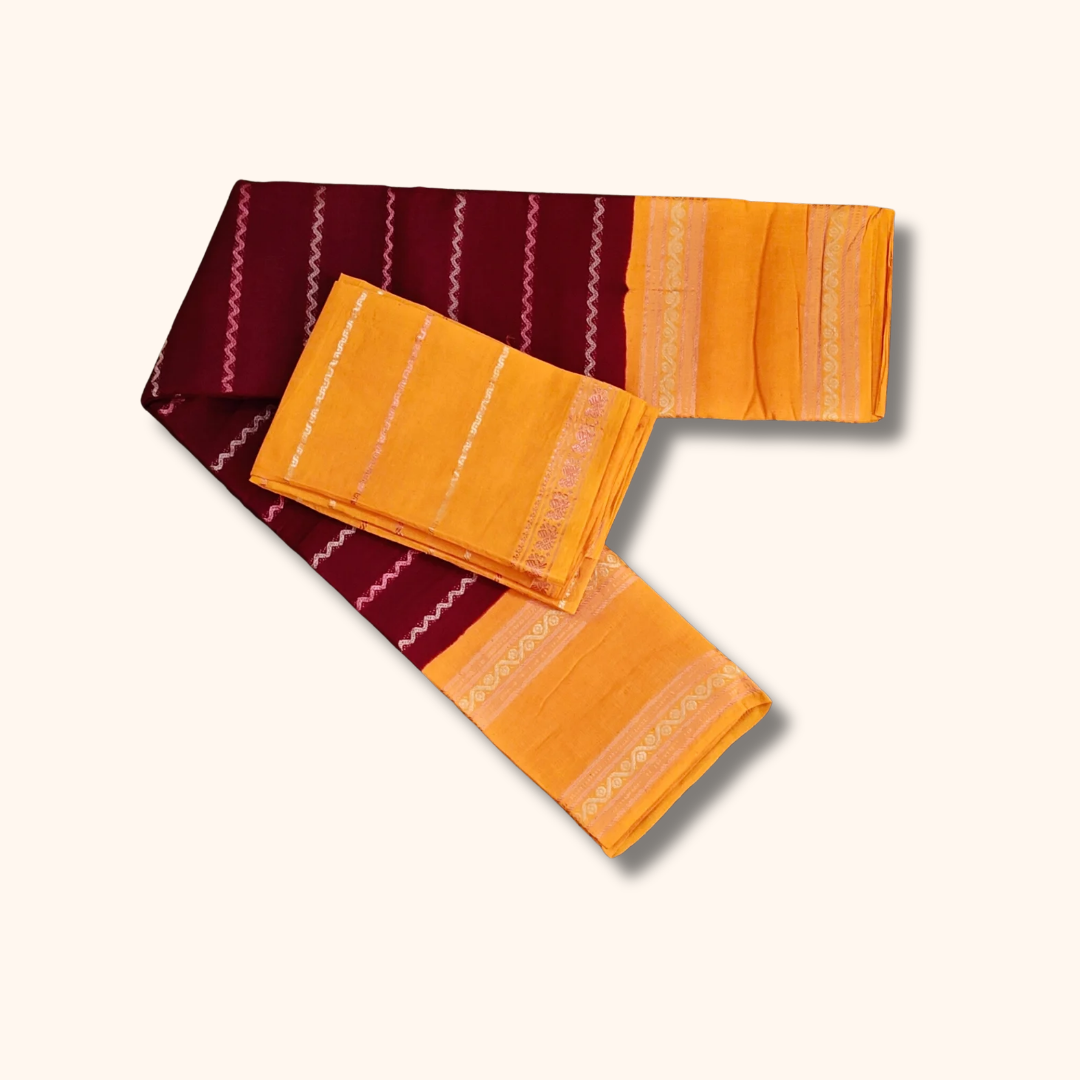 Mustard Yellow Sungudi Cotton Saree with Maroon Contrast Border