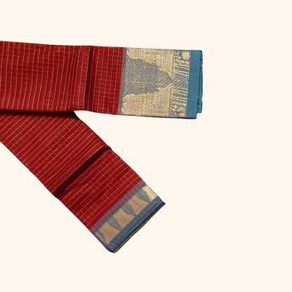 Classic Red Chettinad Cotton Saree with Teal green Temple Border