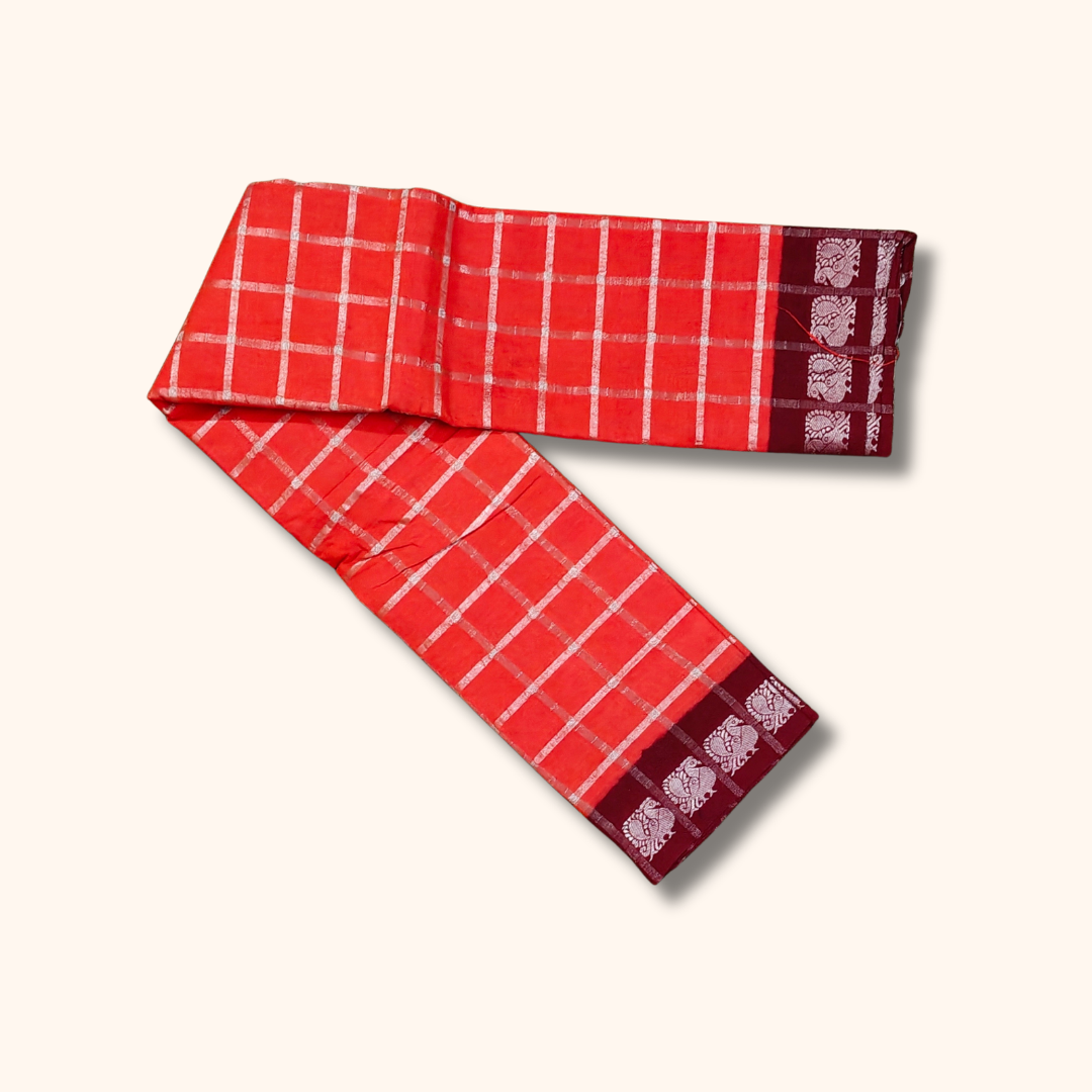 Silver Zari Pavithra Kattam Sungudi Cotton Saree with Maroon Border