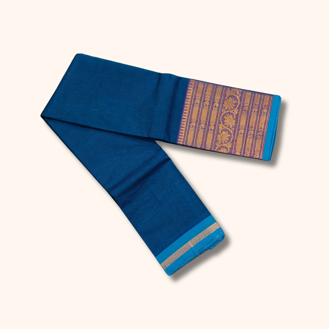 Royal Blue Chettinad Cotton Saree with Lavender Zari Border