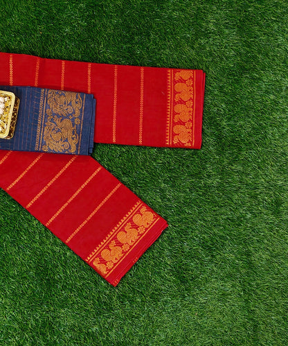 Bright Red Sungudi Cotton Saree with Zari Lines & Navy Blue Contrast Blouse Piece