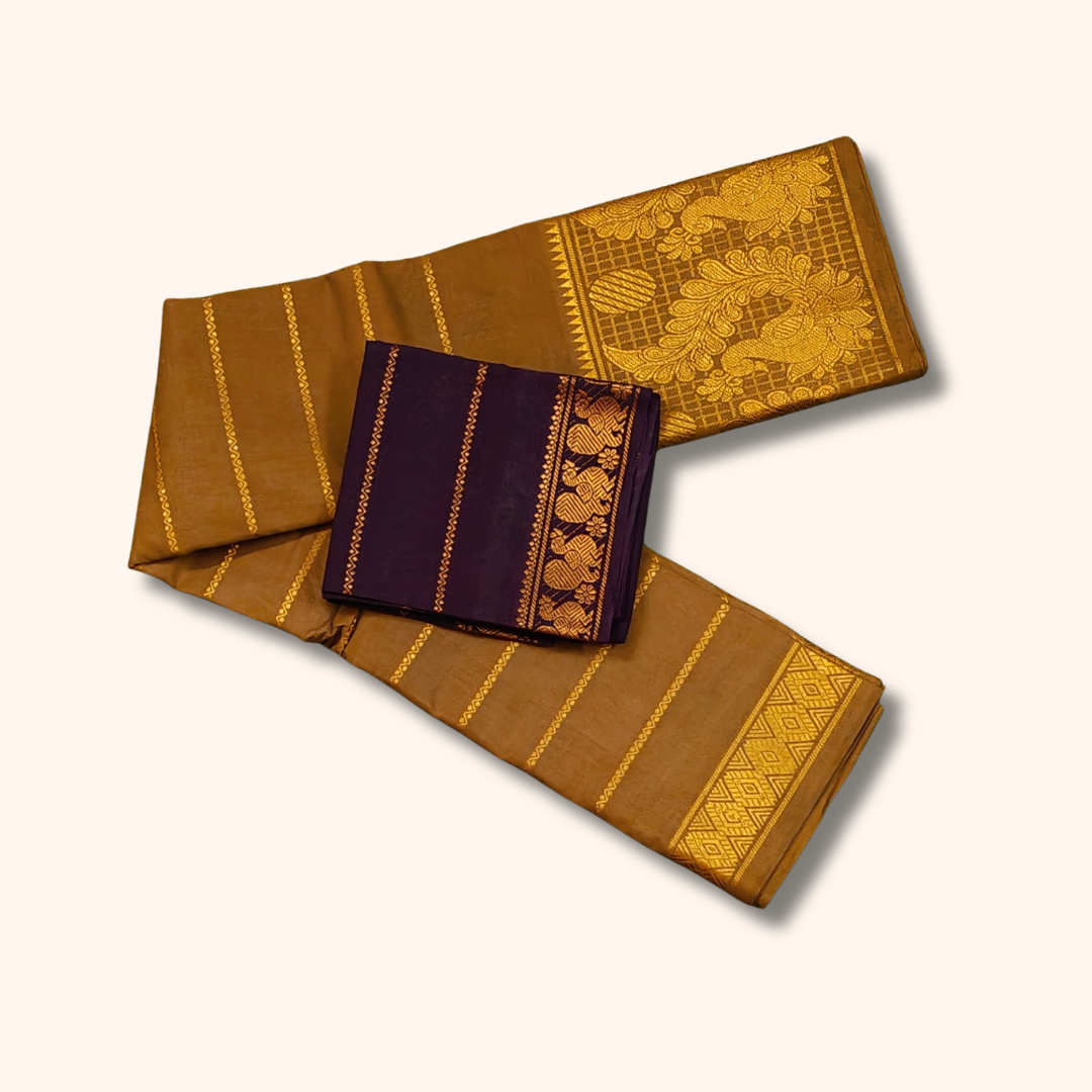 Coffee Brown Cotton Saree with Dark Purple Contrast Blouse & Elephant Zari Border