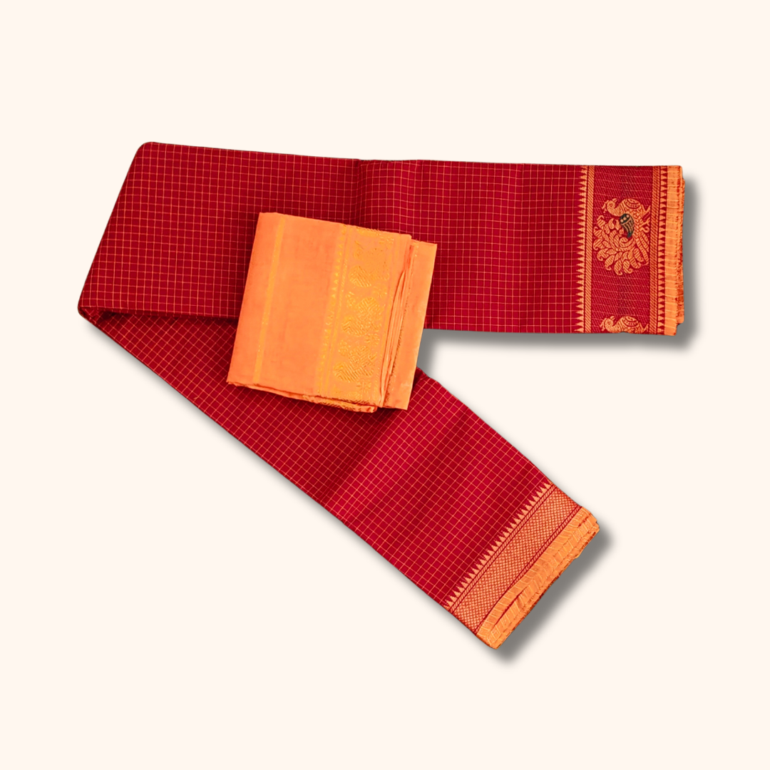 Maroon Checked Chettinad Cotton Saree with Peach Peacock Border