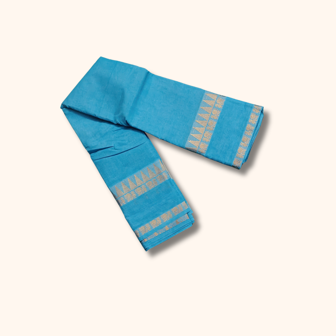 Sky Blue Cotton Saree with Gold Zari Stripes & Traditional Border – Running Blouse