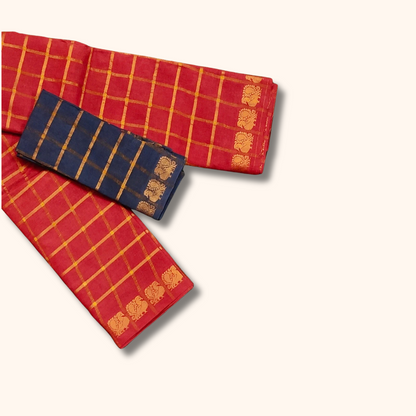 Tomato Red Pavithra Kattam Sungudi Cotton Saree with Gold Zari Checks – Separate Blouse Piece