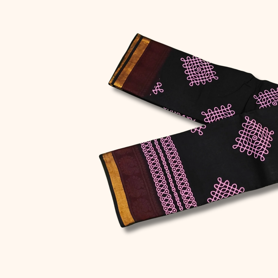 Black Kolam Print Cotton Saree with Maroon & Gold Border