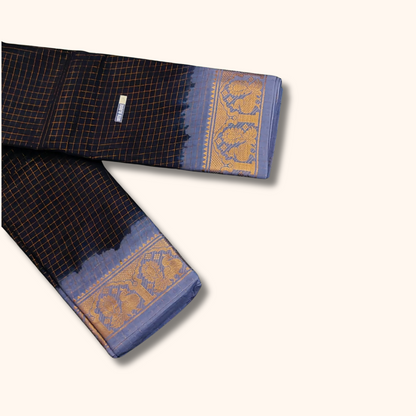 Black Sungudi Cotton Saree with Lavender Blue Peacock Border