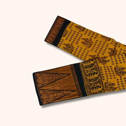 Mustard Yellow Pure Sungudi Cotton Saree with Traditional Motifs & Black Gold Border – No Blouse