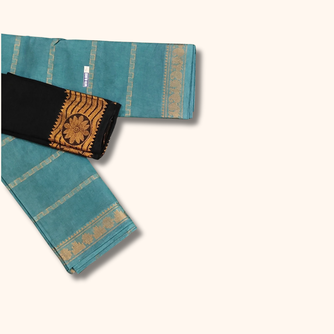 Sea Green Sungudi Cotton Saree with Black Contrast Blouse Piece