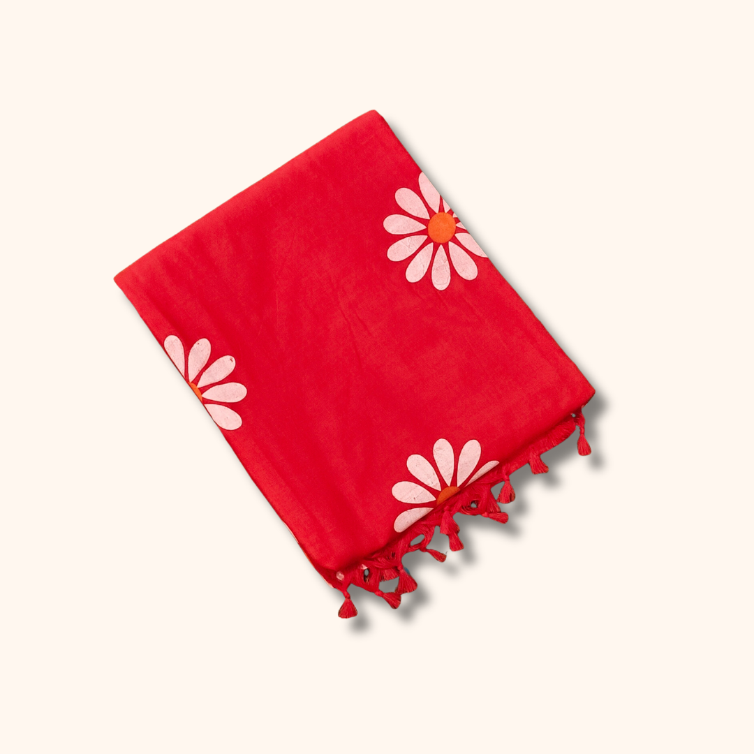 Mulmul Cotton Saree in Bright Red with Daisy Floral Print & Tassel Pallu