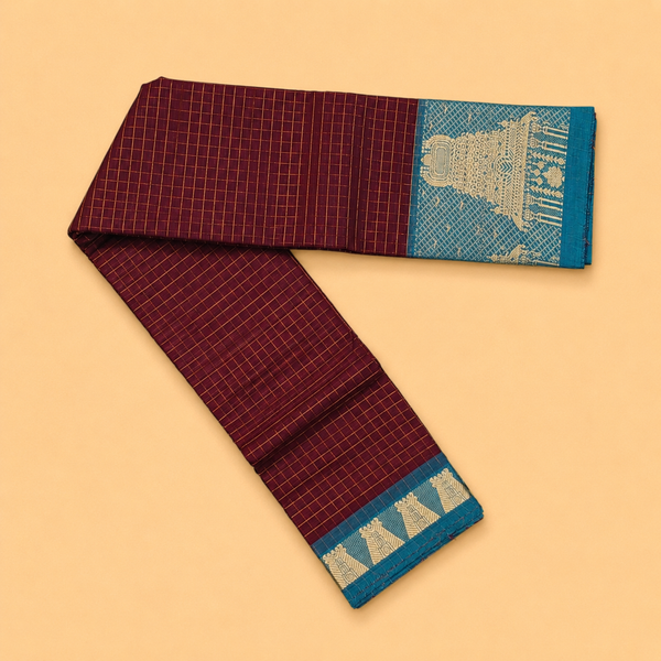 Maroon Temple Border Chettinad Cotton Saree with Sage Pallu