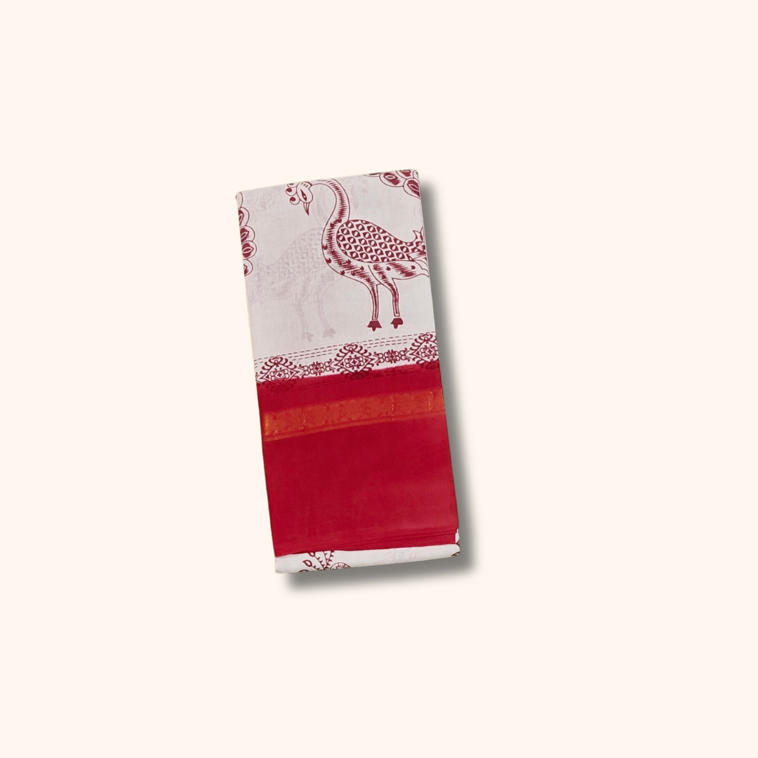 White & Red Peacock Print Sungudi Cotton Saree