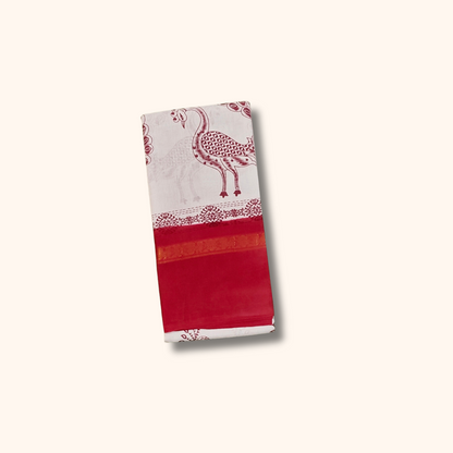 White & Red Peacock Print Sungudi Cotton Saree