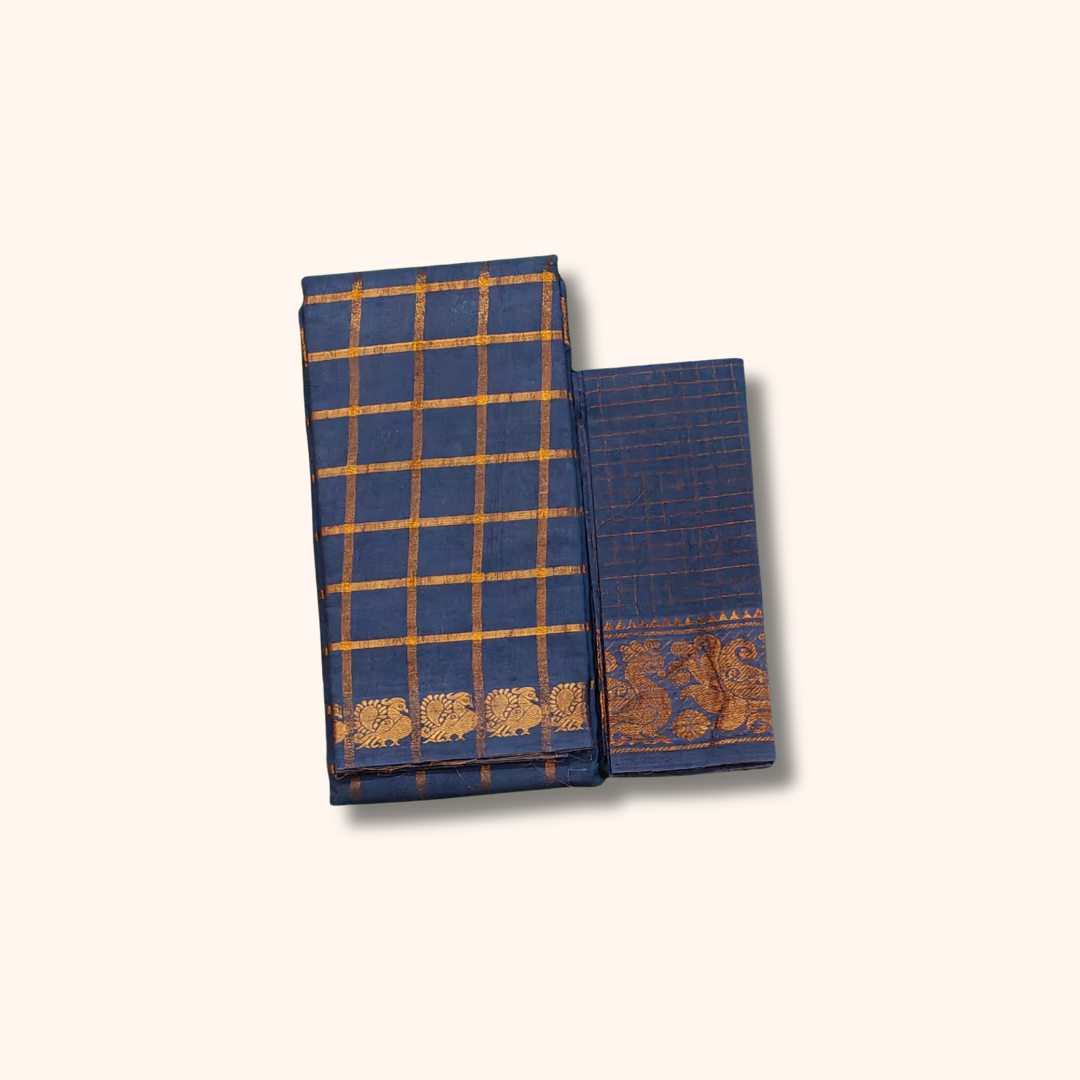 Navy Blue Checked Saree with Golden Zari Checks & Traditional Motif Border – Separate Blouse Piece