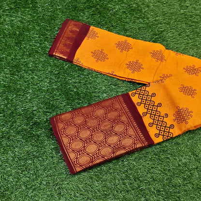 Mustard Yellow Printed Cotton Saree with Maroon Designer Border