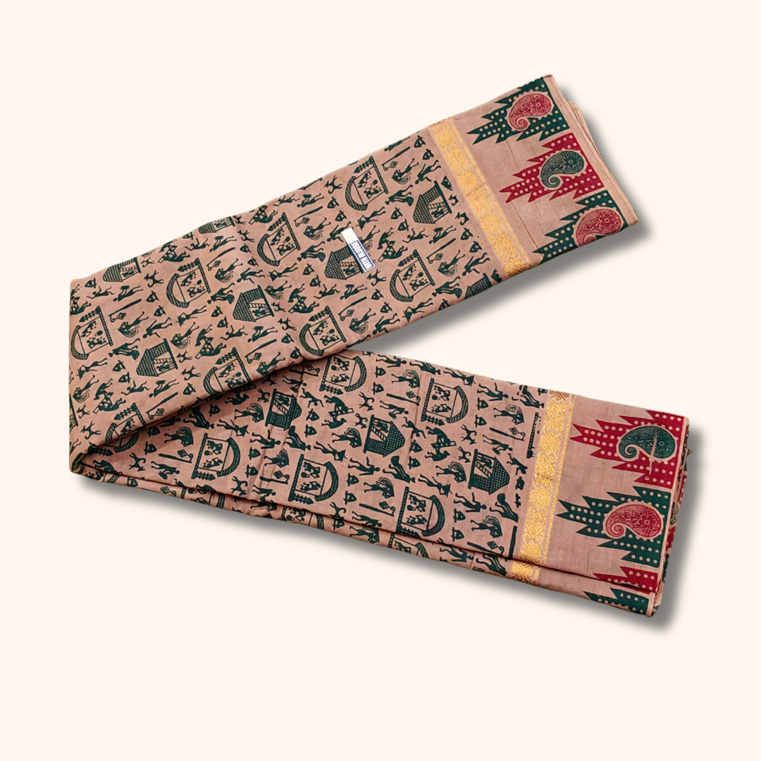 Peach Cotton Saree with Traditional Village Print & Running Blouse