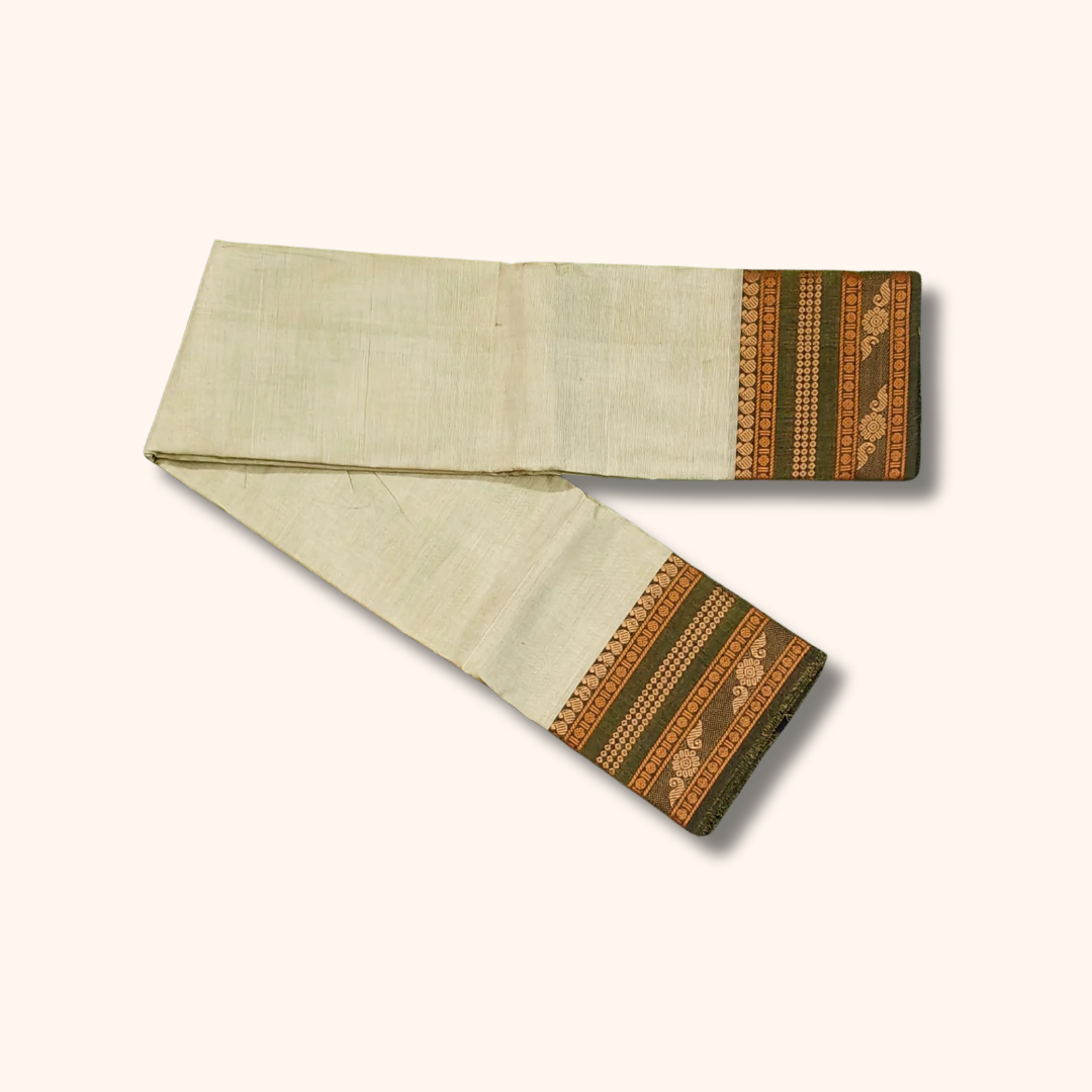 Off White Chettinad Cotton Saree with Olive Green Traditional Border