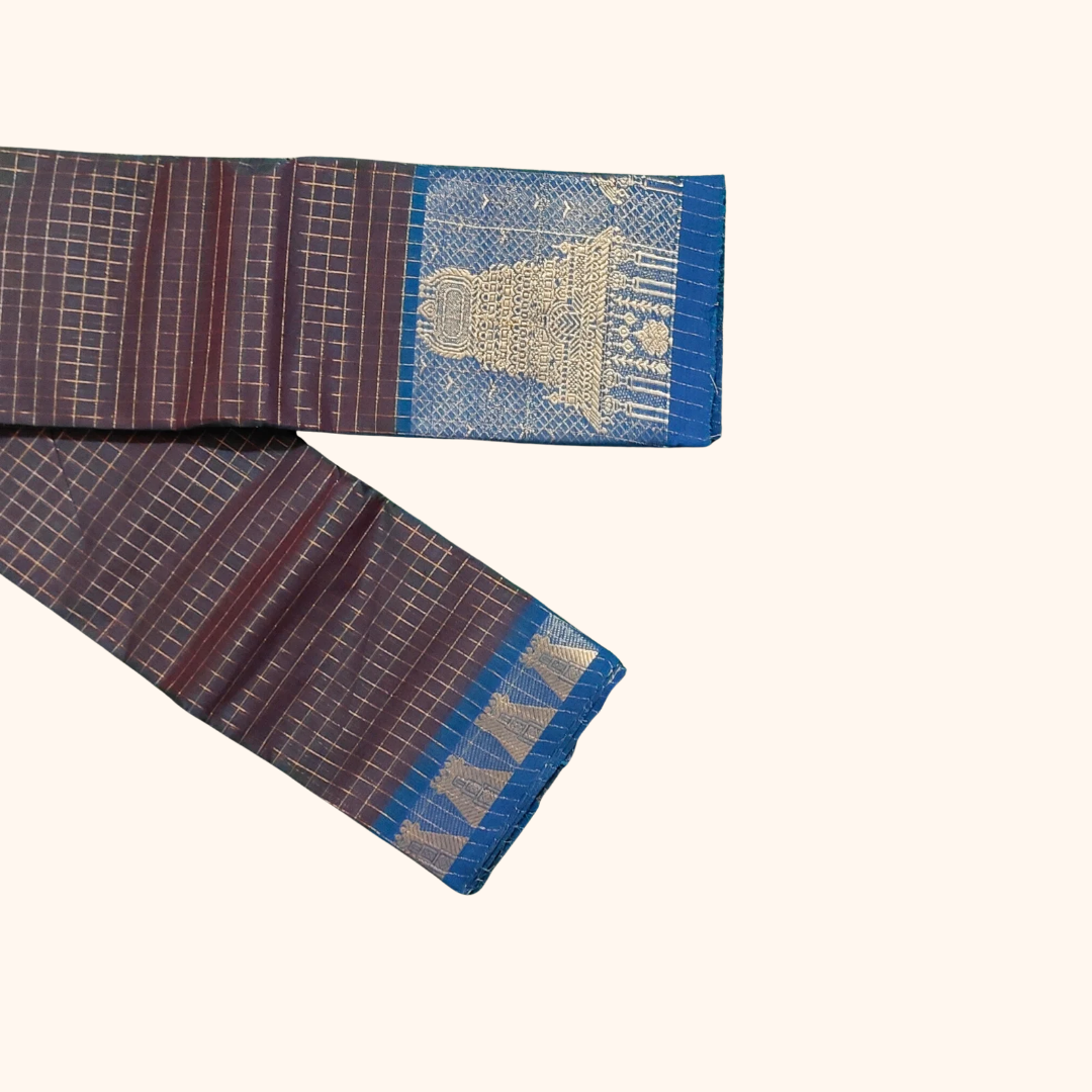 Teal blue Chettinad Cotton Saree with Royal Blue Temple Border