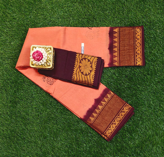 Peach Sungudi Cotton Saree with Maroon Zari Border & Contrast Blouse