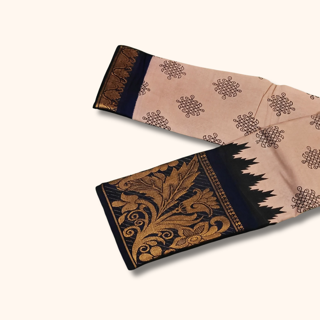 Rose Beige Sungudi Cotton Saree with Black Floral Zari Border