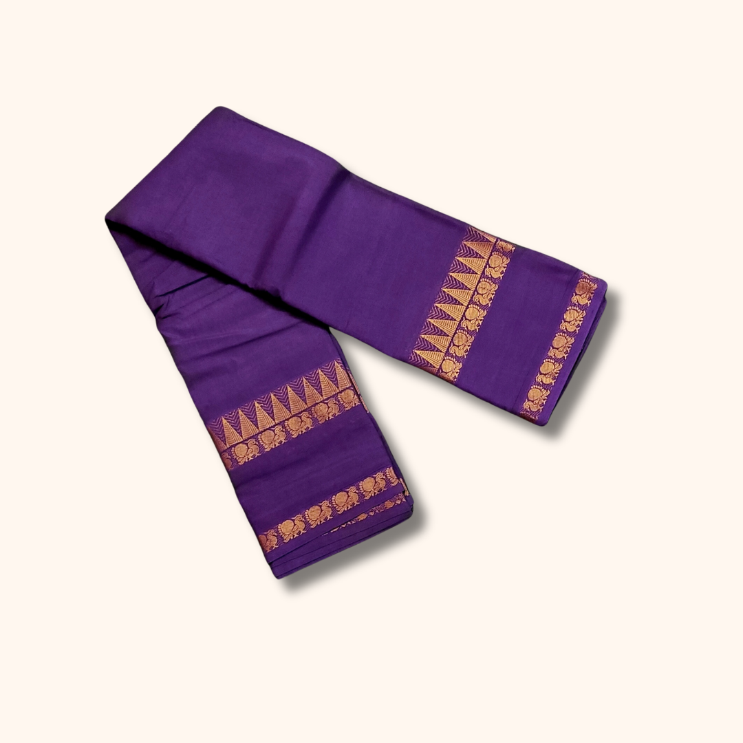 Purple Cotton Saree with Gold Zari Stripes & Traditional Border – Running Blouse