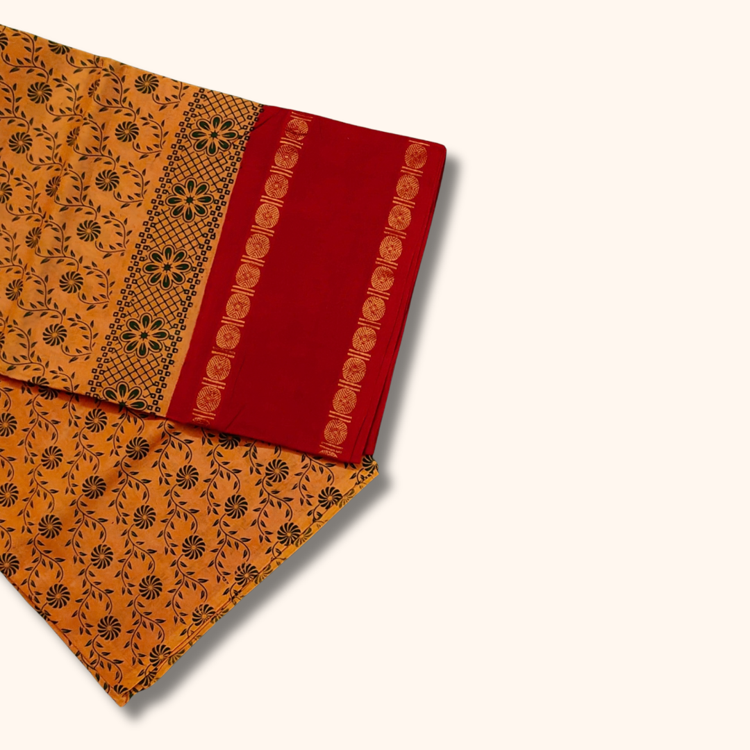 Mustard Yellow & Red Pure Sungudi Cotton Saree with Floral Design & Gold Border – No Blouse