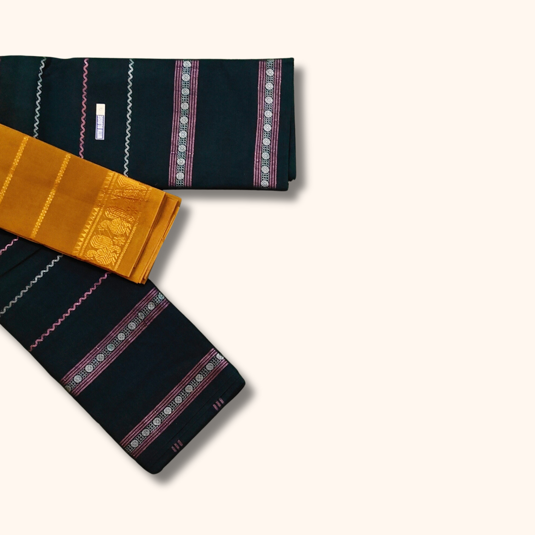 Black Cotton Sungudi Saree with Mustard Yellow Contrast Blouse – Traditional Cotton Saree