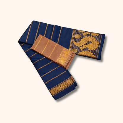 Navy Blue Pure Sungudi Cotton Saree with Gold Zari Peacock Pallu & Brown Blouse Piece