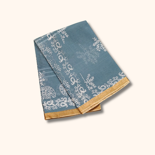 Dusty Blue Kalamkari Cotton Saree with Gold Border – Separate Blouse