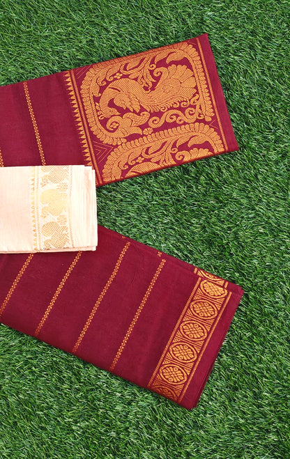 Beautiful Wine Maroon South Indian Cotton Saree with Contrast Blouse